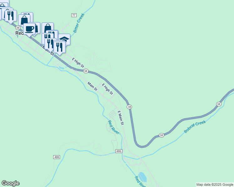 map of restaurants, bars, coffee shops, grocery stores, and more near 1300 Last Chance Trail in Red River