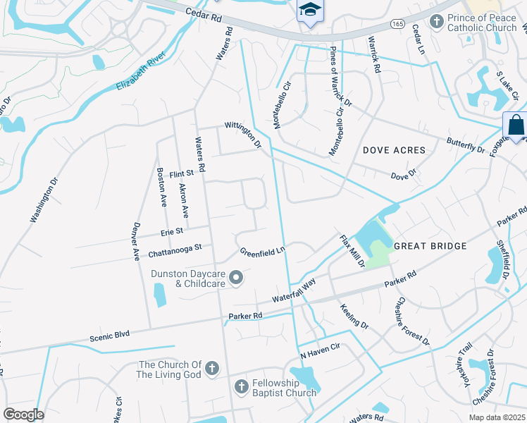 map of restaurants, bars, coffee shops, grocery stores, and more near 822 Dawson Circle in Chesapeake