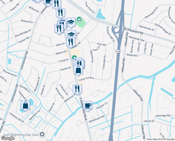 map of restaurants, bars, coffee shops, grocery stores, and more near 250 Melonie Drive in Chesapeake