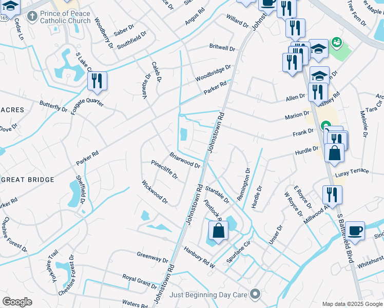 map of restaurants, bars, coffee shops, grocery stores, and more near 713 Arena Court in Chesapeake