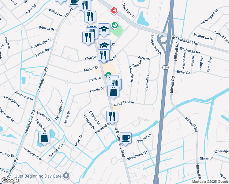 map of restaurants, bars, coffee shops, grocery stores, and more near 717 South Battlefield Boulevard in Chesapeake