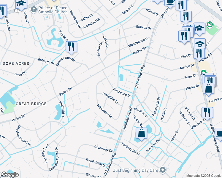 map of restaurants, bars, coffee shops, grocery stores, and more near 500 Hollygate Lane in Chesapeake