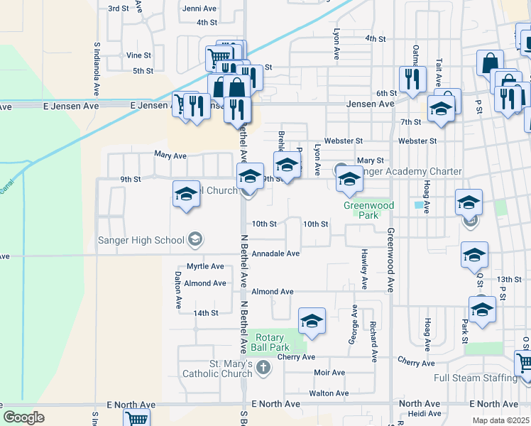 map of restaurants, bars, coffee shops, grocery stores, and more near 10th Street in Sanger