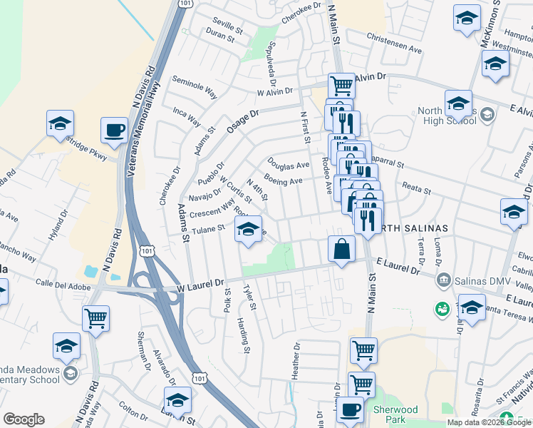 map of restaurants, bars, coffee shops, grocery stores, and more near 125 North 3rd Street in Salinas