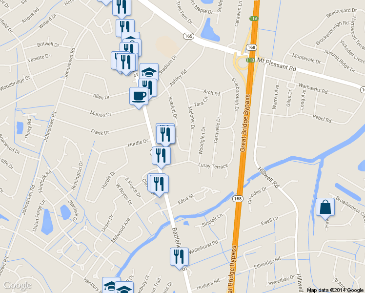 map of restaurants, bars, coffee shops, grocery stores, and more near 250 Melonie Drive in Chesapeake