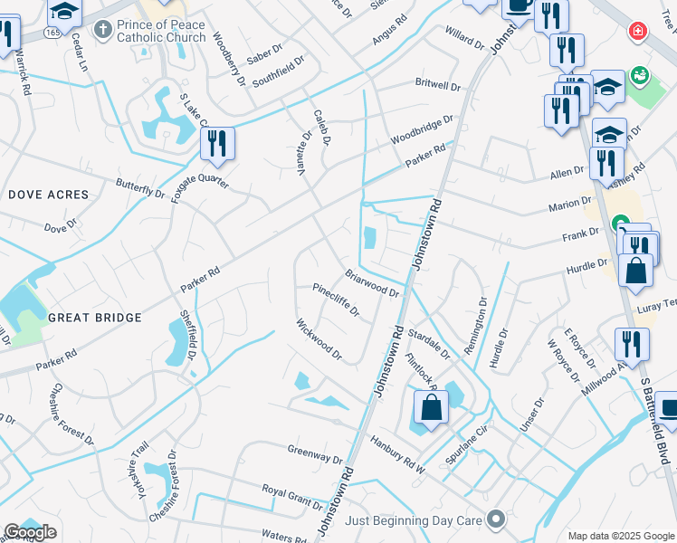 map of restaurants, bars, coffee shops, grocery stores, and more near 612 Briarwood Drive in Chesapeake