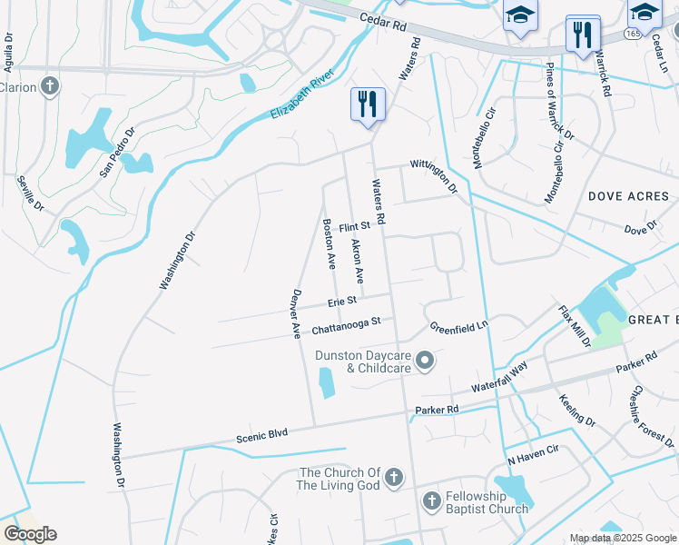 map of restaurants, bars, coffee shops, grocery stores, and more near 585 Boston Avenue in Chesapeake