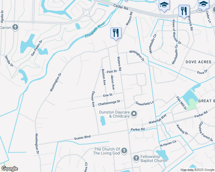 map of restaurants, bars, coffee shops, grocery stores, and more near 585 Boston Avenue in Chesapeake