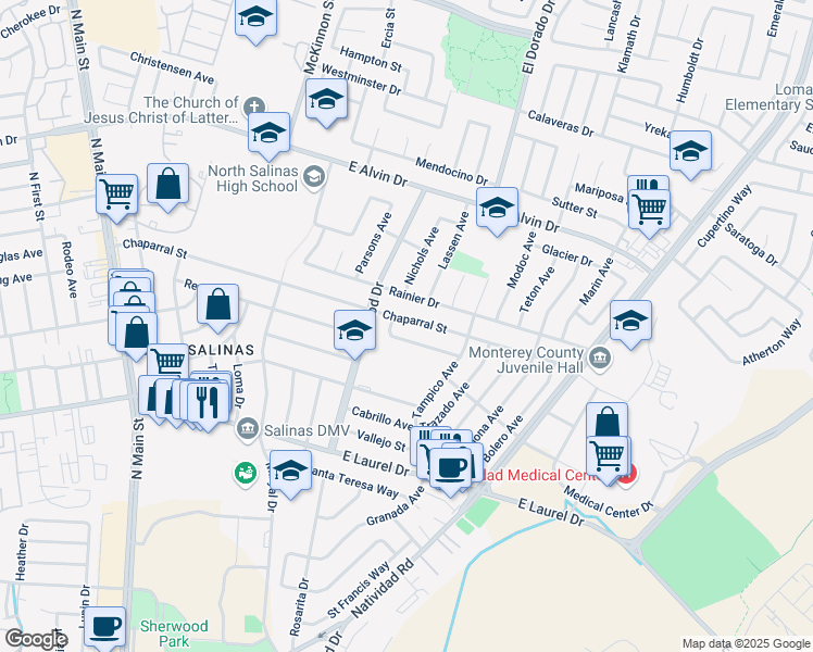 map of restaurants, bars, coffee shops, grocery stores, and more near 429 Chaparral Street in Salinas