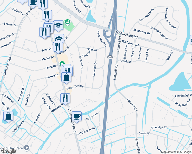 map of restaurants, bars, coffee shops, grocery stores, and more near 608 Luray Terrace in Chesapeake