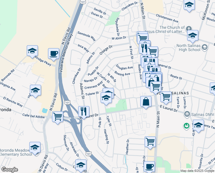 map of restaurants, bars, coffee shops, grocery stores, and more near 617 West Curtis Street in Salinas