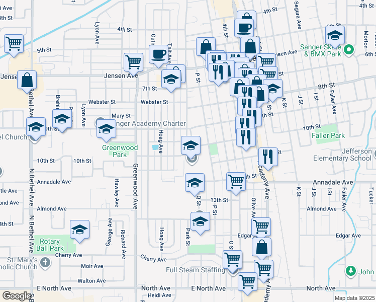 map of restaurants, bars, coffee shops, grocery stores, and more near 1705 10th Street in Sanger