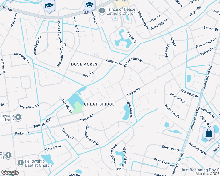 map of restaurants, bars, coffee shops, grocery stores, and more near 500 Meridian Drive in Chesapeake