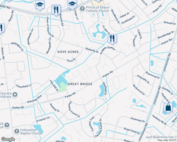 map of restaurants, bars, coffee shops, grocery stores, and more near 500 Meridian Drive in Chesapeake