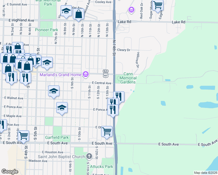 map of restaurants, bars, coffee shops, grocery stores, and more near 212 South 14th Street in Ponca City