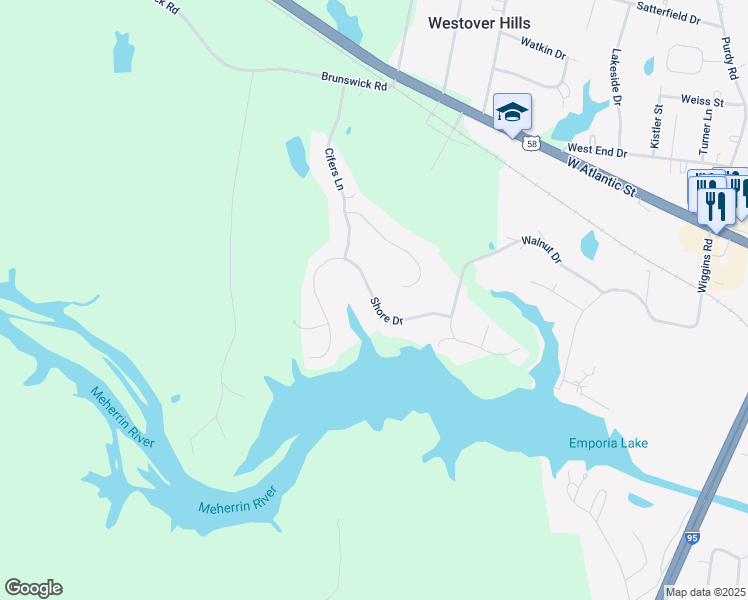 map of restaurants, bars, coffee shops, grocery stores, and more near 115 Shore Drive in Emporia