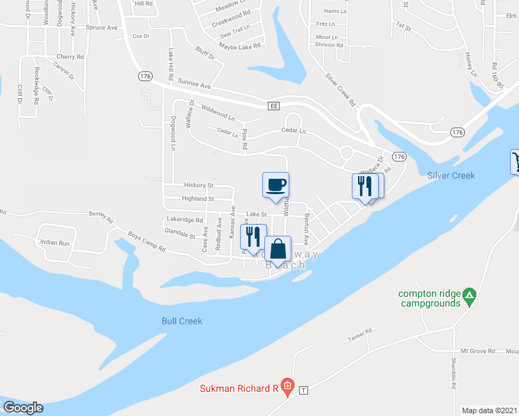 map of restaurants, bars, coffee shops, grocery stores, and more near 296 Lake Street in Rockaway Beach