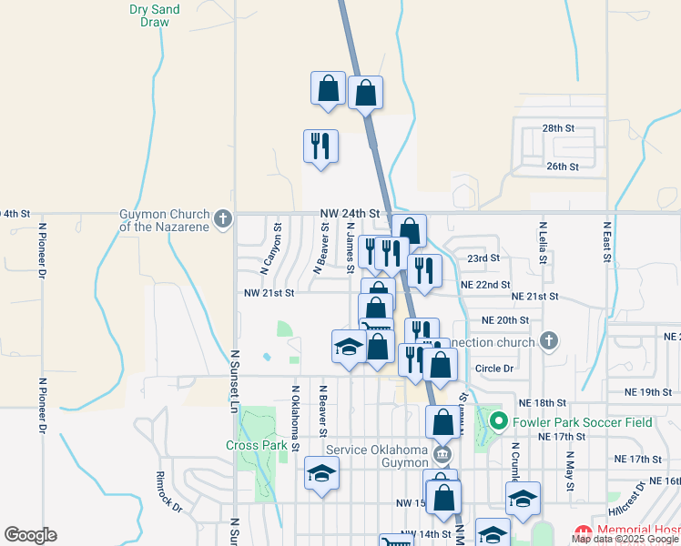 map of restaurants, bars, coffee shops, grocery stores, and more near 505 Northwest 22nd Street in Guymon