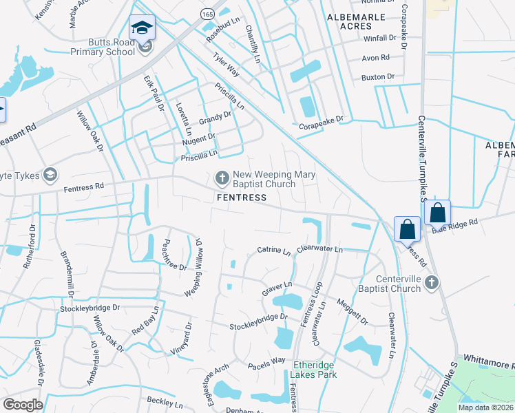 map of restaurants, bars, coffee shops, grocery stores, and more near 1216 Fentress Road in Chesapeake