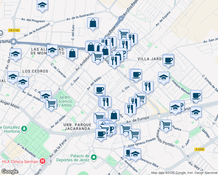 map of restaurants, bars, coffee shops, grocery stores, and more near 3 Calle Aldebarán in Jerez de la Frontera