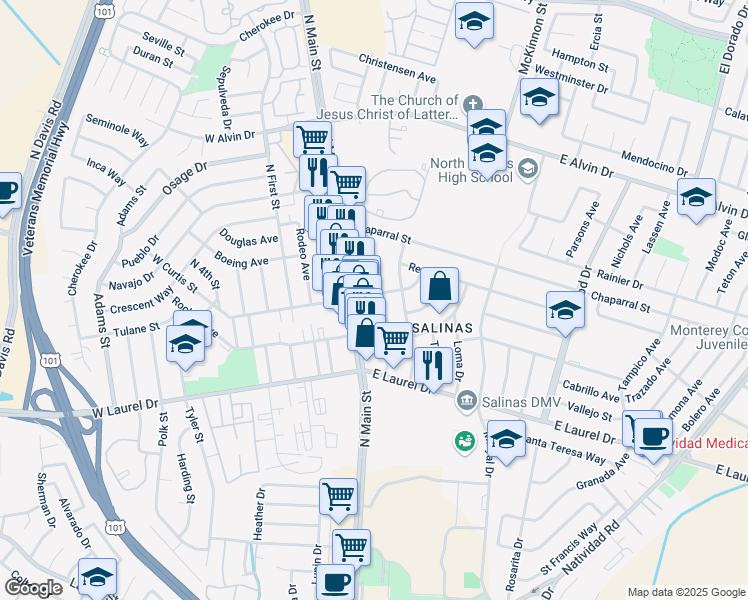 map of restaurants, bars, coffee shops, grocery stores, and more near 293 Noice Drive in Salinas