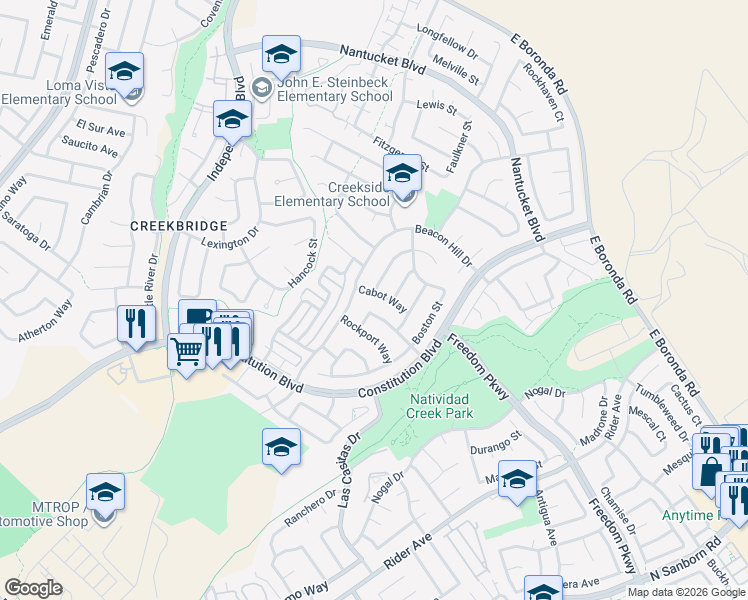 map of restaurants, bars, coffee shops, grocery stores, and more near 1114 Cabot Way in Salinas