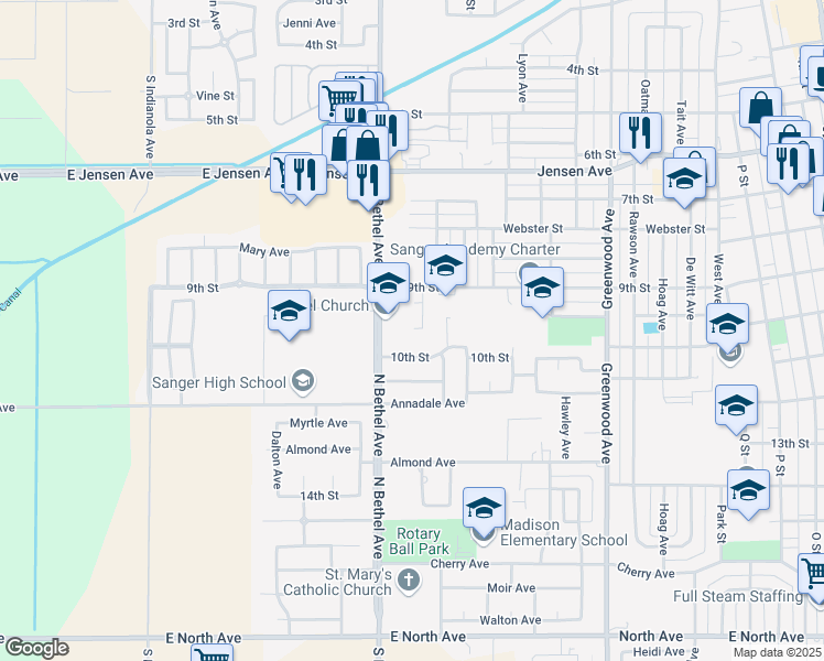 map of restaurants, bars, coffee shops, grocery stores, and more near 10th Street in Sanger