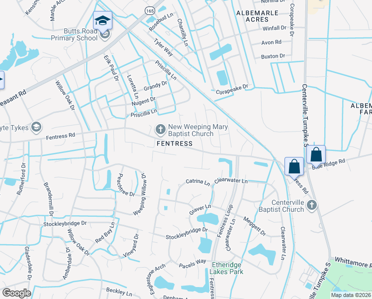 map of restaurants, bars, coffee shops, grocery stores, and more near 1216 Fentress Road in Chesapeake