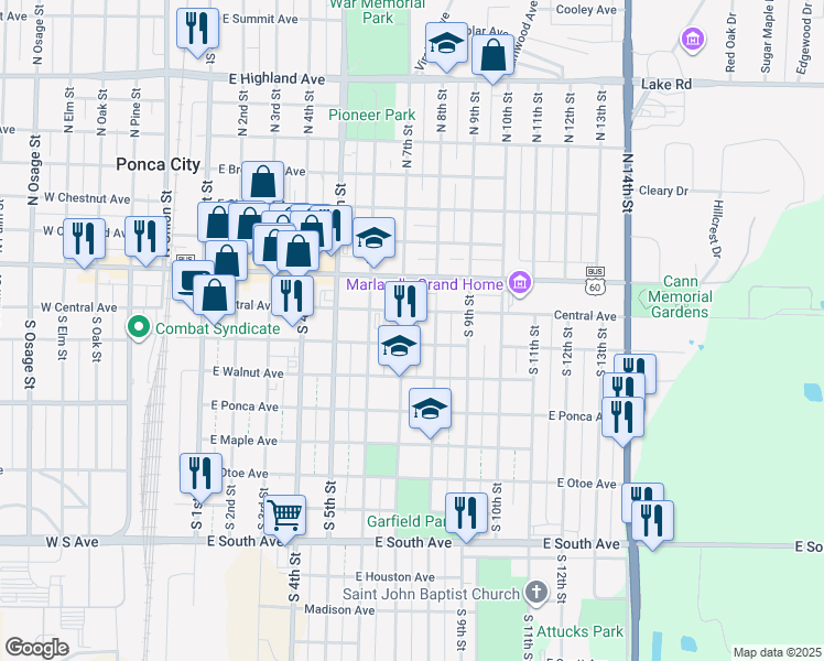 map of restaurants, bars, coffee shops, grocery stores, and more near 714 East Central Avenue in Ponca City