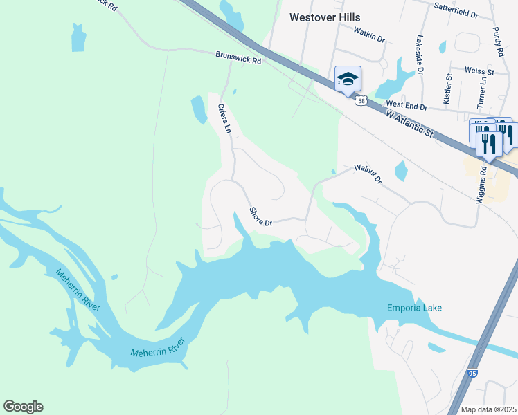map of restaurants, bars, coffee shops, grocery stores, and more near 115 Shore Drive in Emporia