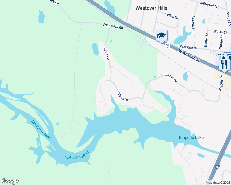 map of restaurants, bars, coffee shops, grocery stores, and more near 122 Shore Drive in Emporia