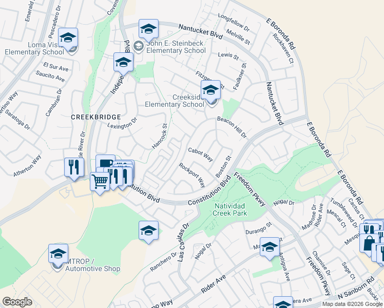 map of restaurants, bars, coffee shops, grocery stores, and more near 1106 Cabot Way in Salinas