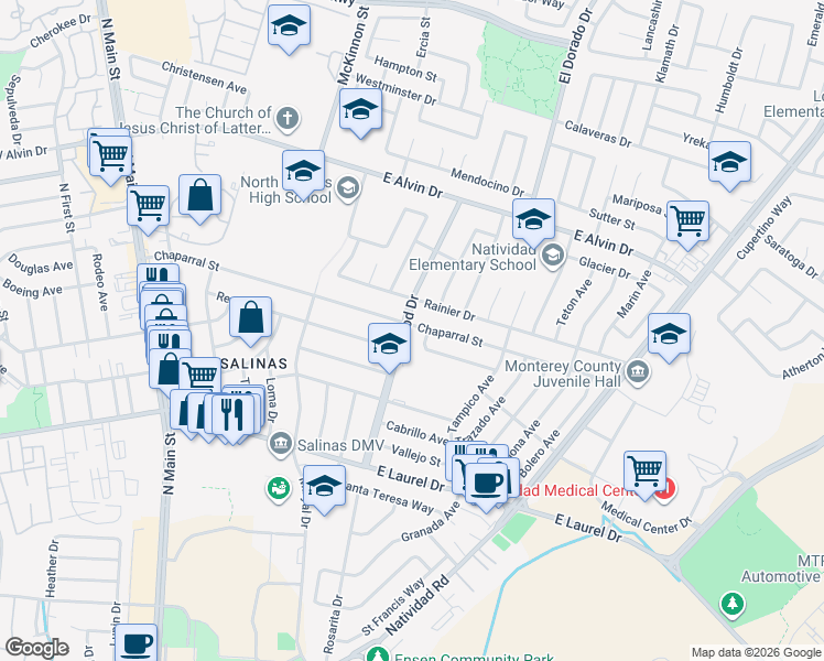 map of restaurants, bars, coffee shops, grocery stores, and more near 1316 Linwood Drive in Salinas