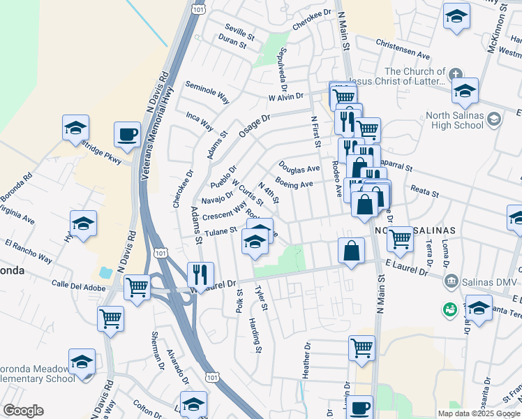 map of restaurants, bars, coffee shops, grocery stores, and more near 617 W Curtis St in Salinas