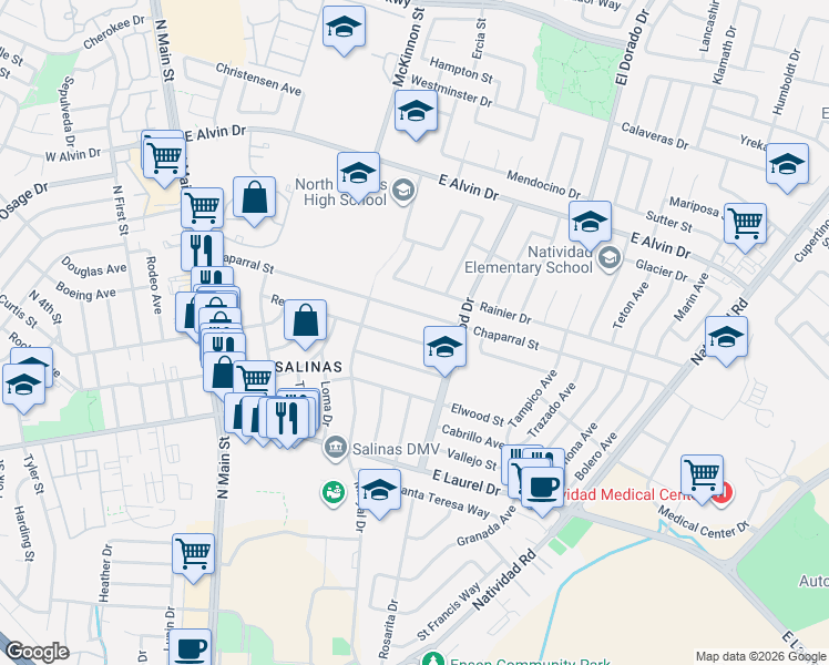 map of restaurants, bars, coffee shops, grocery stores, and more near 337 Reata Street in Salinas