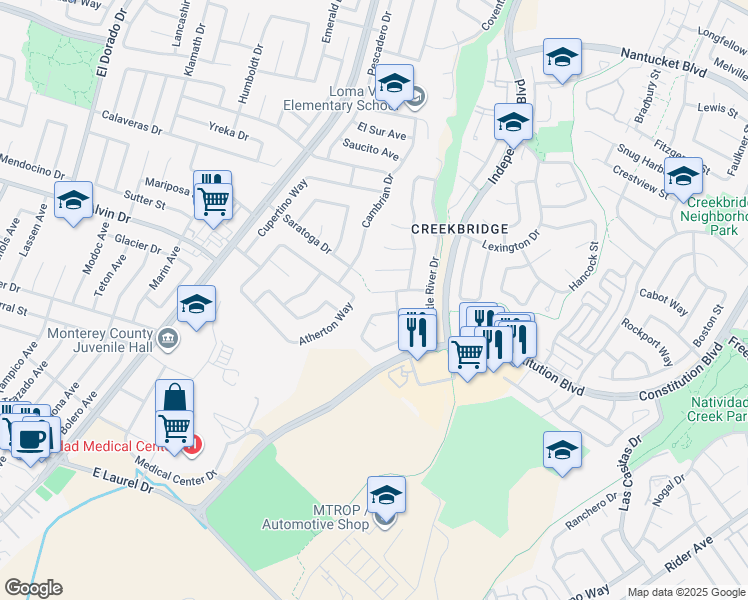 map of restaurants, bars, coffee shops, grocery stores, and more near 822 Castleton Street in Salinas