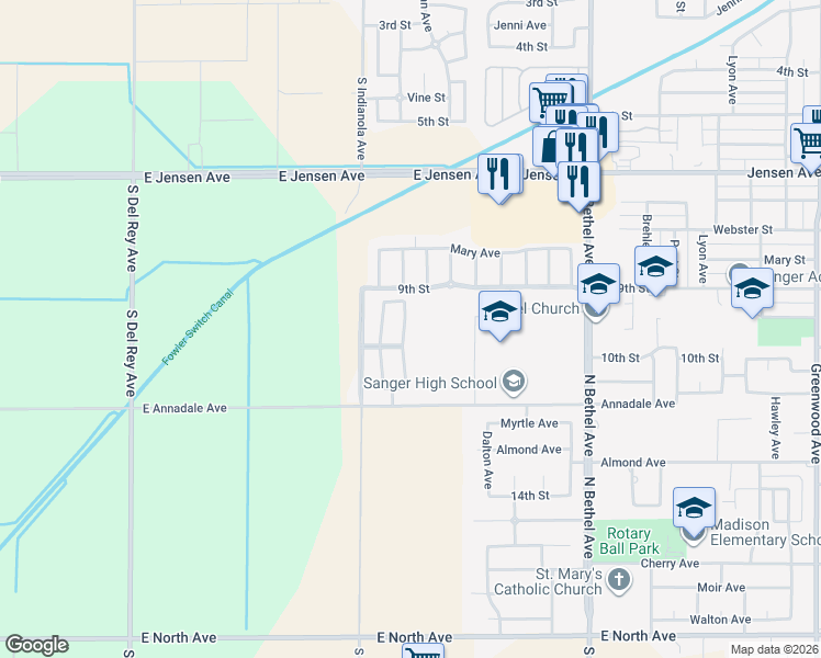 map of restaurants, bars, coffee shops, grocery stores, and more near 954 Pinewood Avenue in Sanger