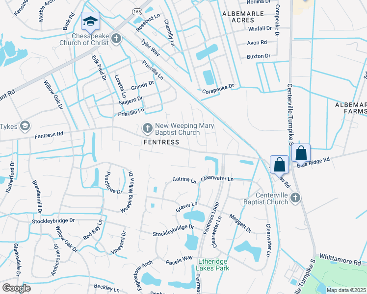 map of restaurants, bars, coffee shops, grocery stores, and more near 1224 Fentress Road in Chesapeake