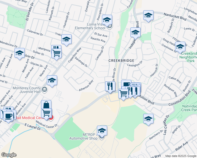 map of restaurants, bars, coffee shops, grocery stores, and more near 822 Castleton Street in Salinas