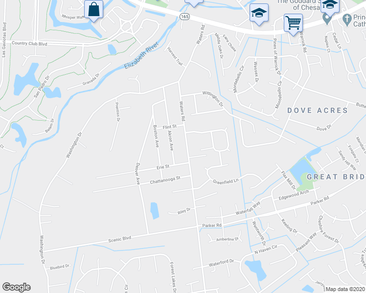 map of restaurants, bars, coffee shops, grocery stores, and more near 568 Waters Road in Chesapeake