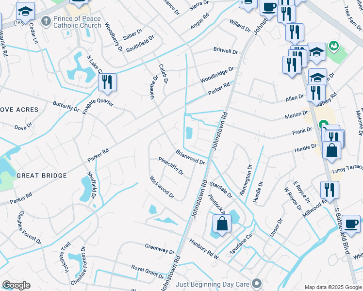 map of restaurants, bars, coffee shops, grocery stores, and more near 405 Briarwood Court in Chesapeake