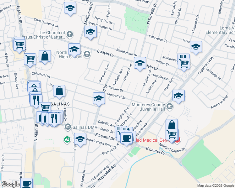 map of restaurants, bars, coffee shops, grocery stores, and more near 429 Chaparral Street in Salinas