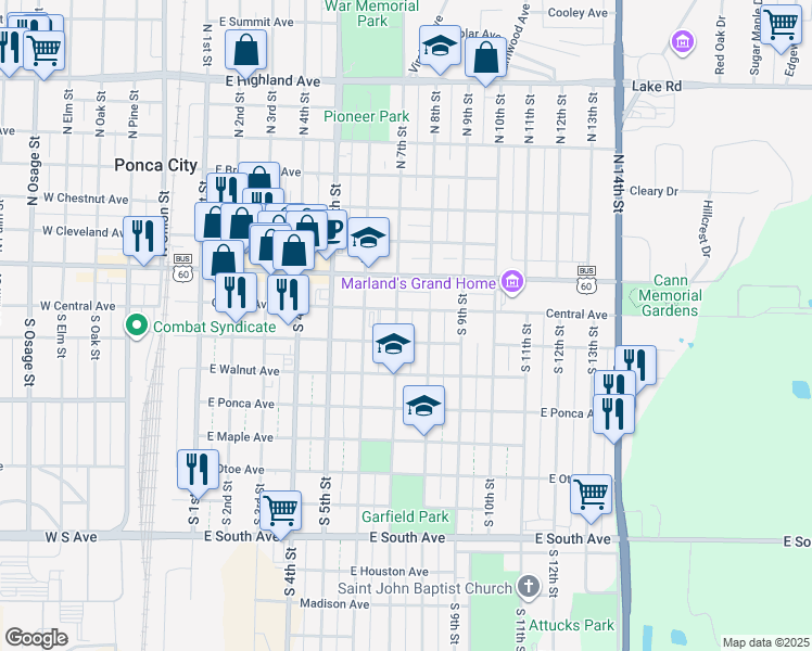 map of restaurants, bars, coffee shops, grocery stores, and more near 714 East Central Avenue in Ponca City