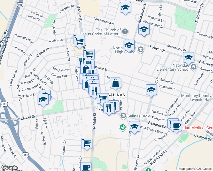 map of restaurants, bars, coffee shops, grocery stores, and more near 202 East Curtis Street in Salinas
