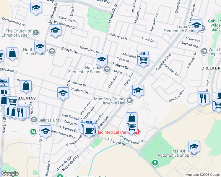 map of restaurants, bars, coffee shops, grocery stores, and more near 1426 Teton Avenue in Salinas