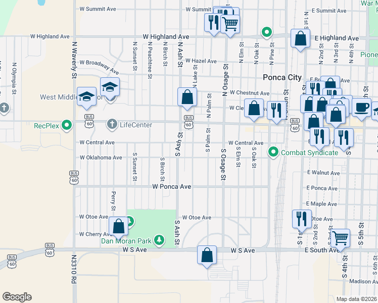 map of restaurants, bars, coffee shops, grocery stores, and more near 214 South Lake Street in Ponca City