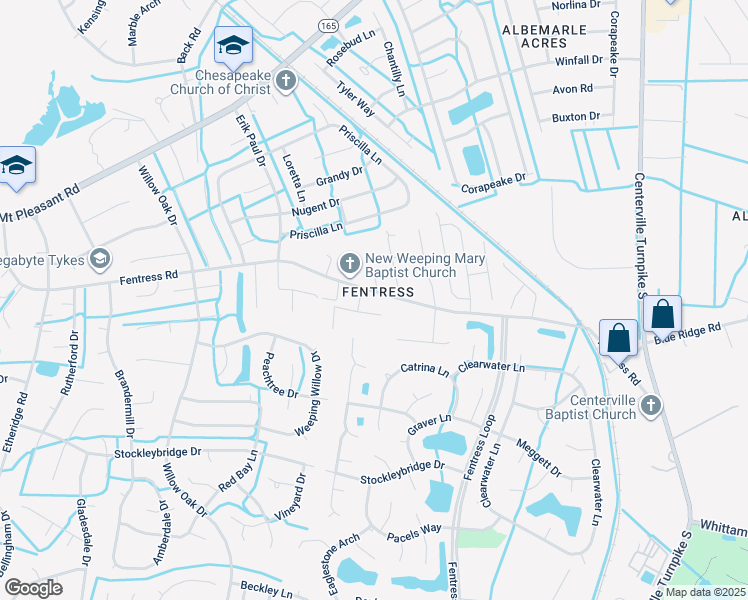 map of restaurants, bars, coffee shops, grocery stores, and more near 1119 Fentress Road in Chesapeake