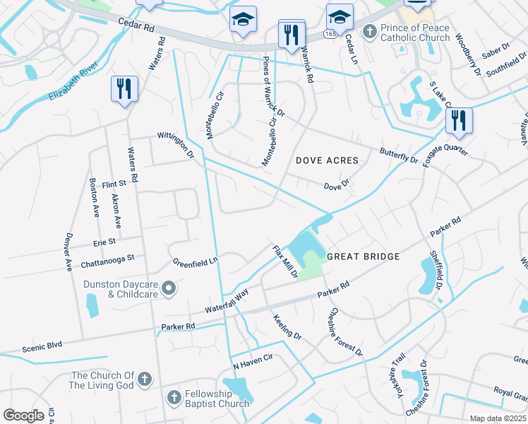 map of restaurants, bars, coffee shops, grocery stores, and more near 507 Warrick Road in Chesapeake