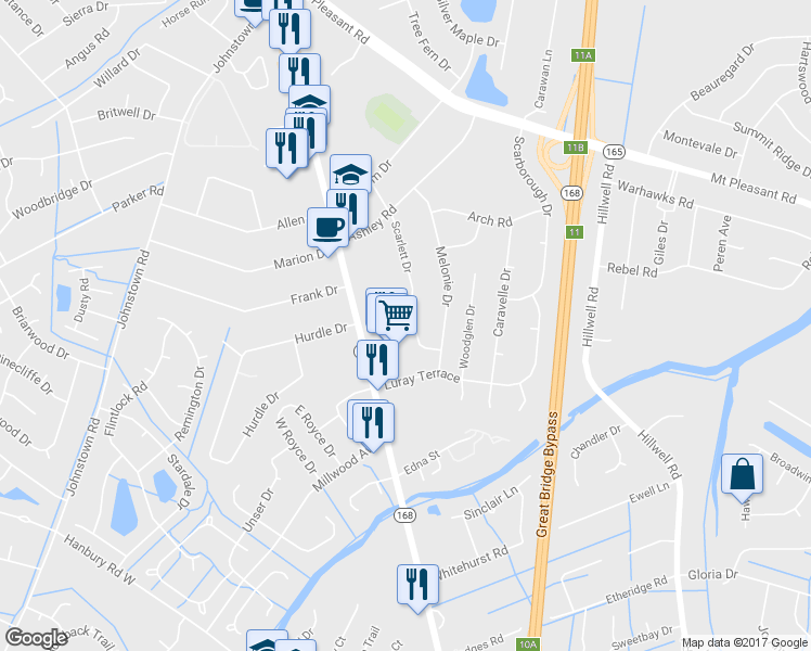 map of restaurants, bars, coffee shops, grocery stores, and more near 304 Melonie Court in Chesapeake
