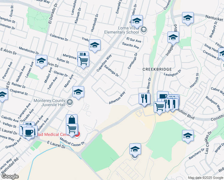 map of restaurants, bars, coffee shops, grocery stores, and more near 1556 Menlo Way in Salinas